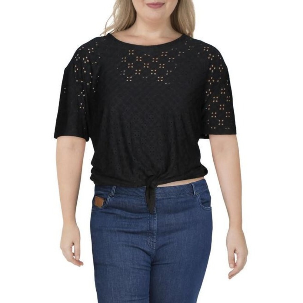 Nanette Lepore Oh So Pretty Black Eyelet Tie Front Blouse XS NK9S13EJ2